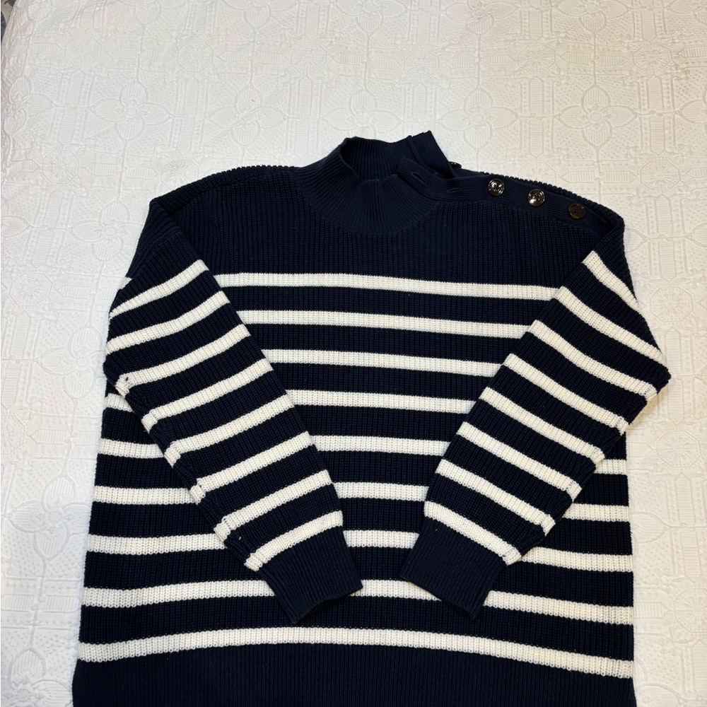 LOFT Navy and White Striped Crew Neck Sweater